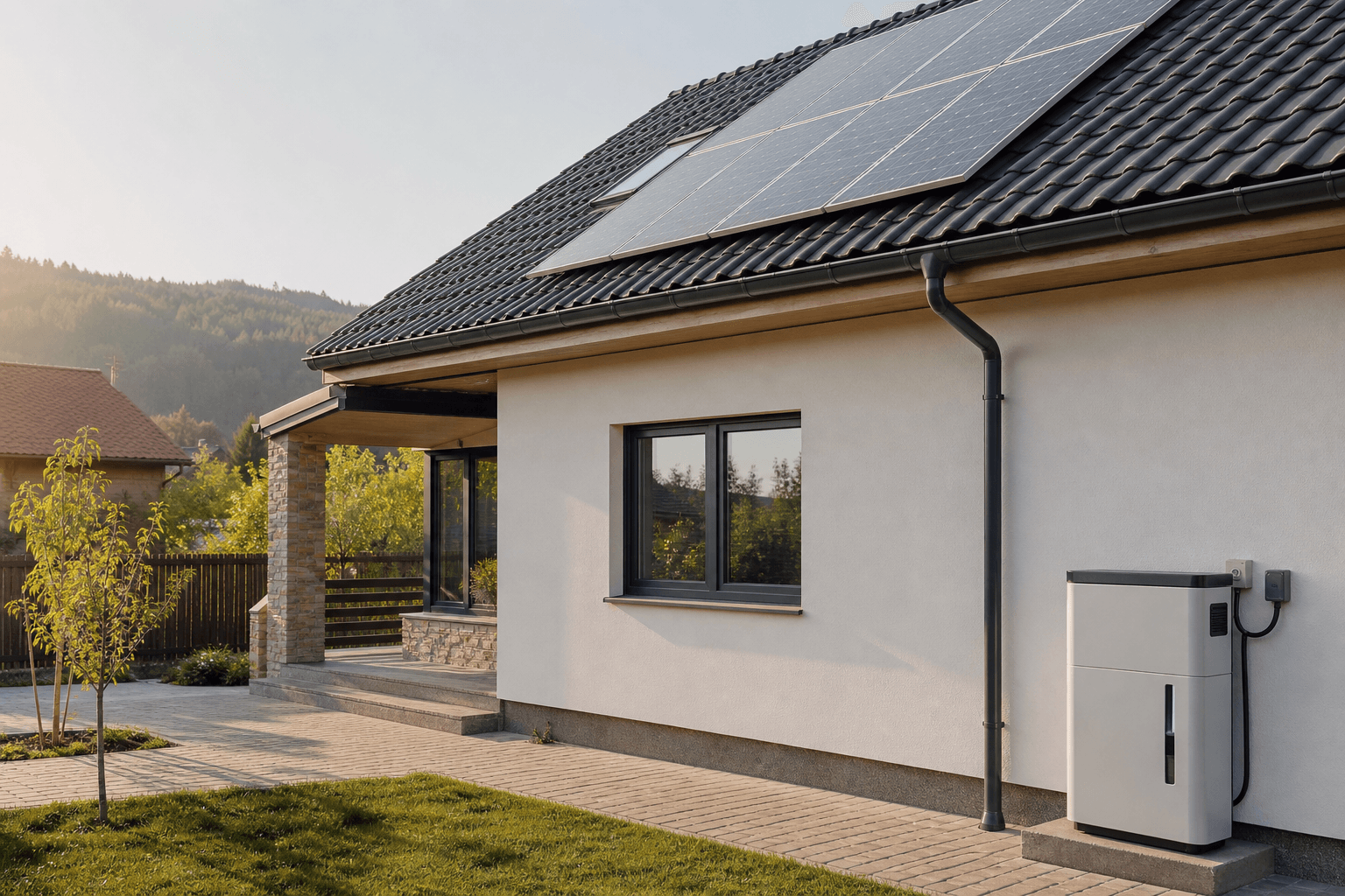 Casă cu panouri fotovoltaice și baterie de stocare